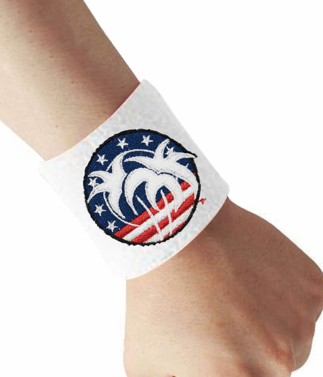 Wrist sweatband with Spirit of 76 design featuring red, white, and blue colors and embroidered details.