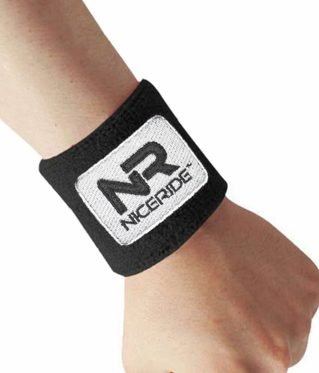 Black wrist sweatband with NICERIDE logo, designed for athletes to manage sweat during activities.
