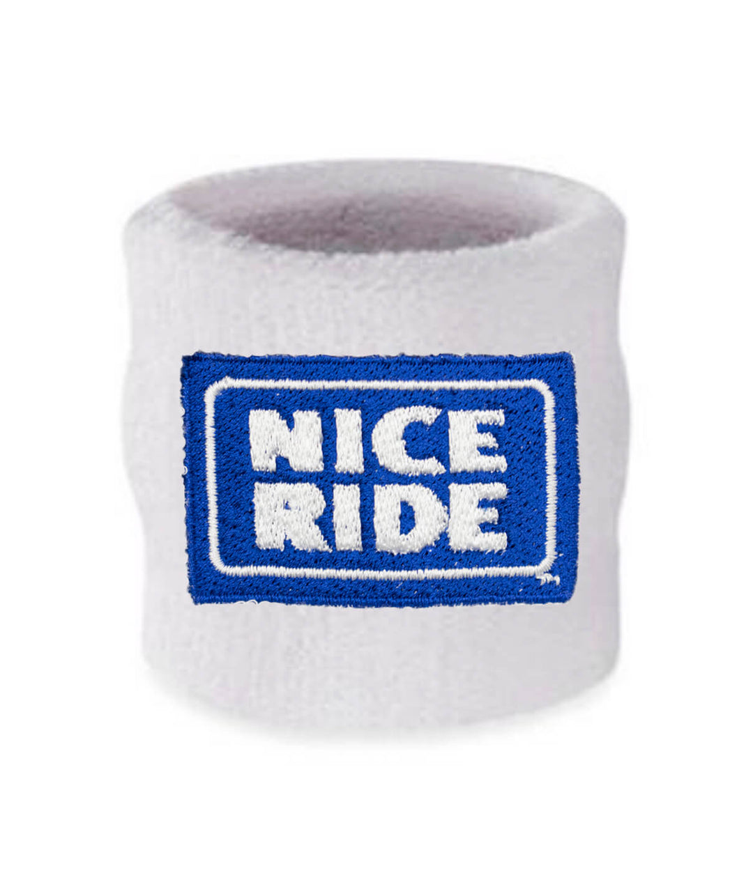 White wristband with NICERIDE logo designed for athletics and stylish comfort.