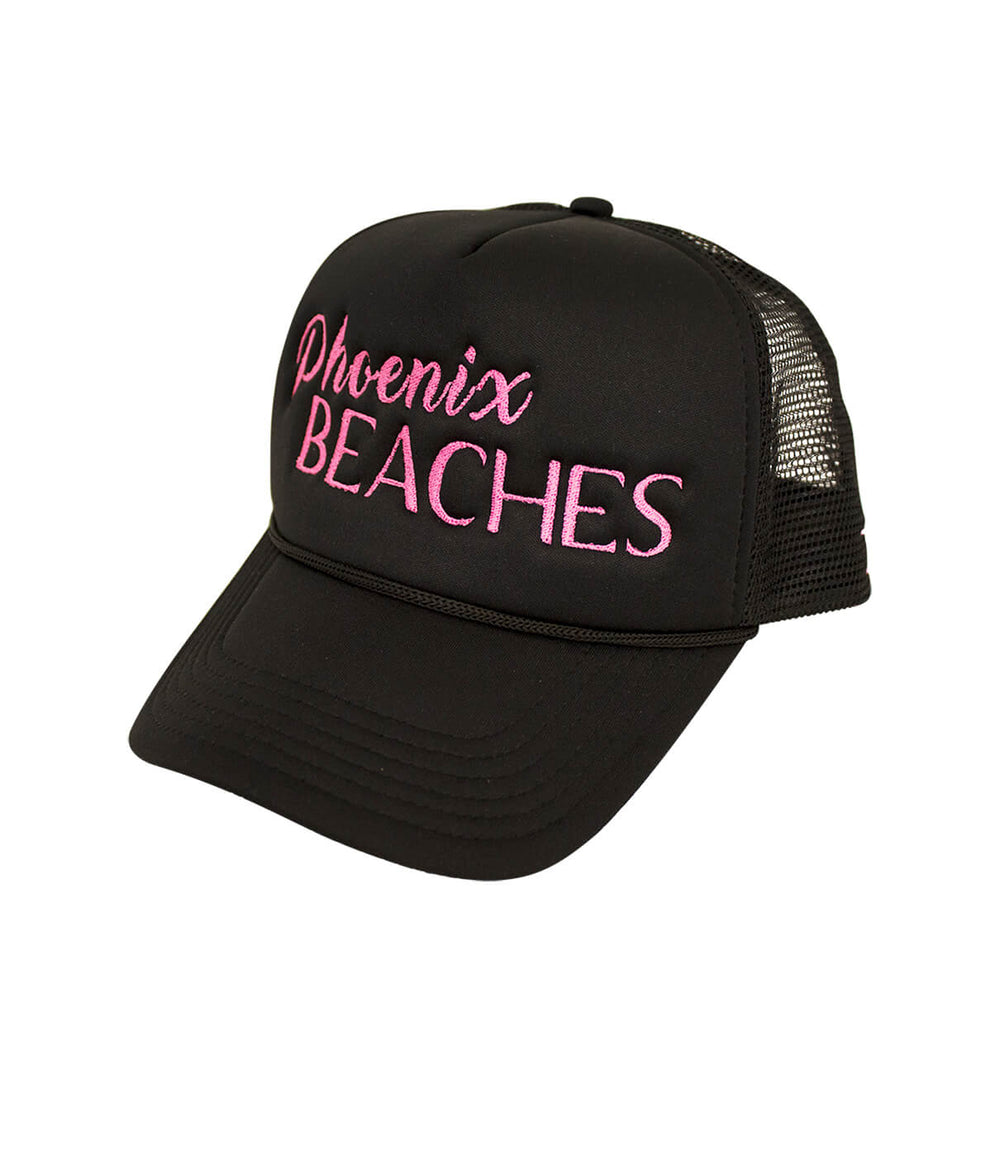 Phoenix Beaches Foam Trucker hat, embroidered baseball cap showcasing the words 'Phoenix Beaches' on the front.