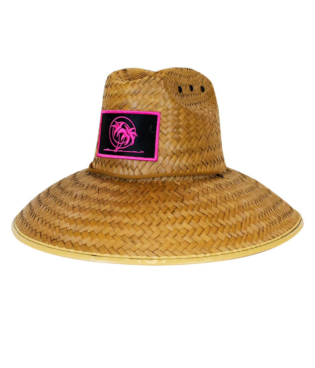 Unisex straw sun hat with classic palm patch, perfect for beach activities and sun protection, ideal hat for work or leisure.