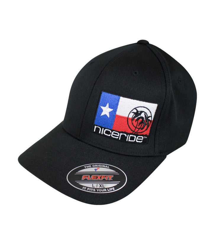 Texas Flag Classic Flexfit Hat with NICERIDE logo, embroidered front, black color, perfect fit hat.