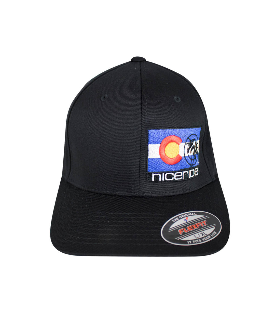 Colorado Flag Classic Flexfit Hat with NICERIDE embroidery on front and palm logo on back.