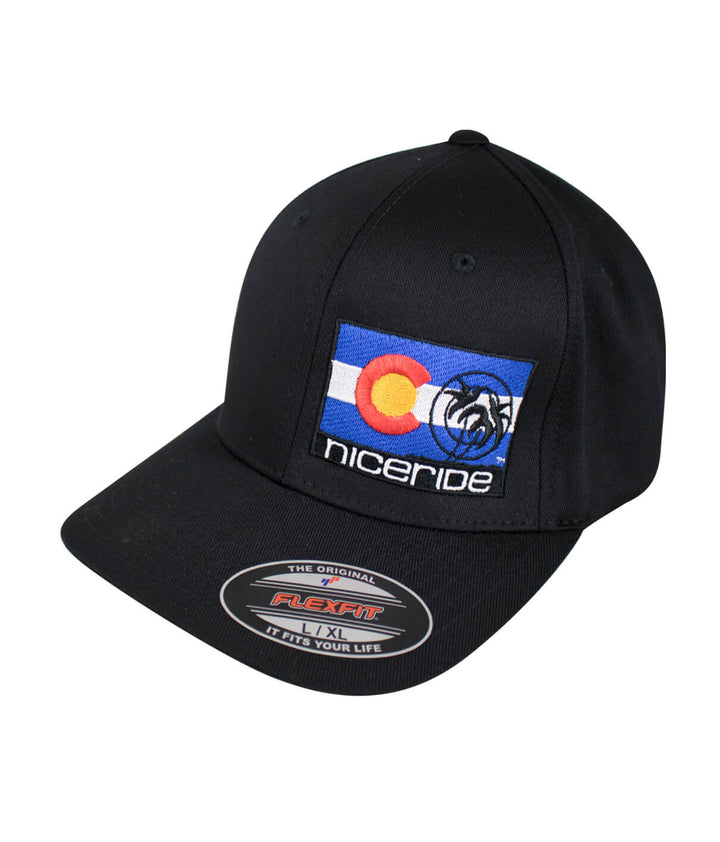 Colorado Flag Classic Flexfit Hat with NICERIDE embroidery on black cap.