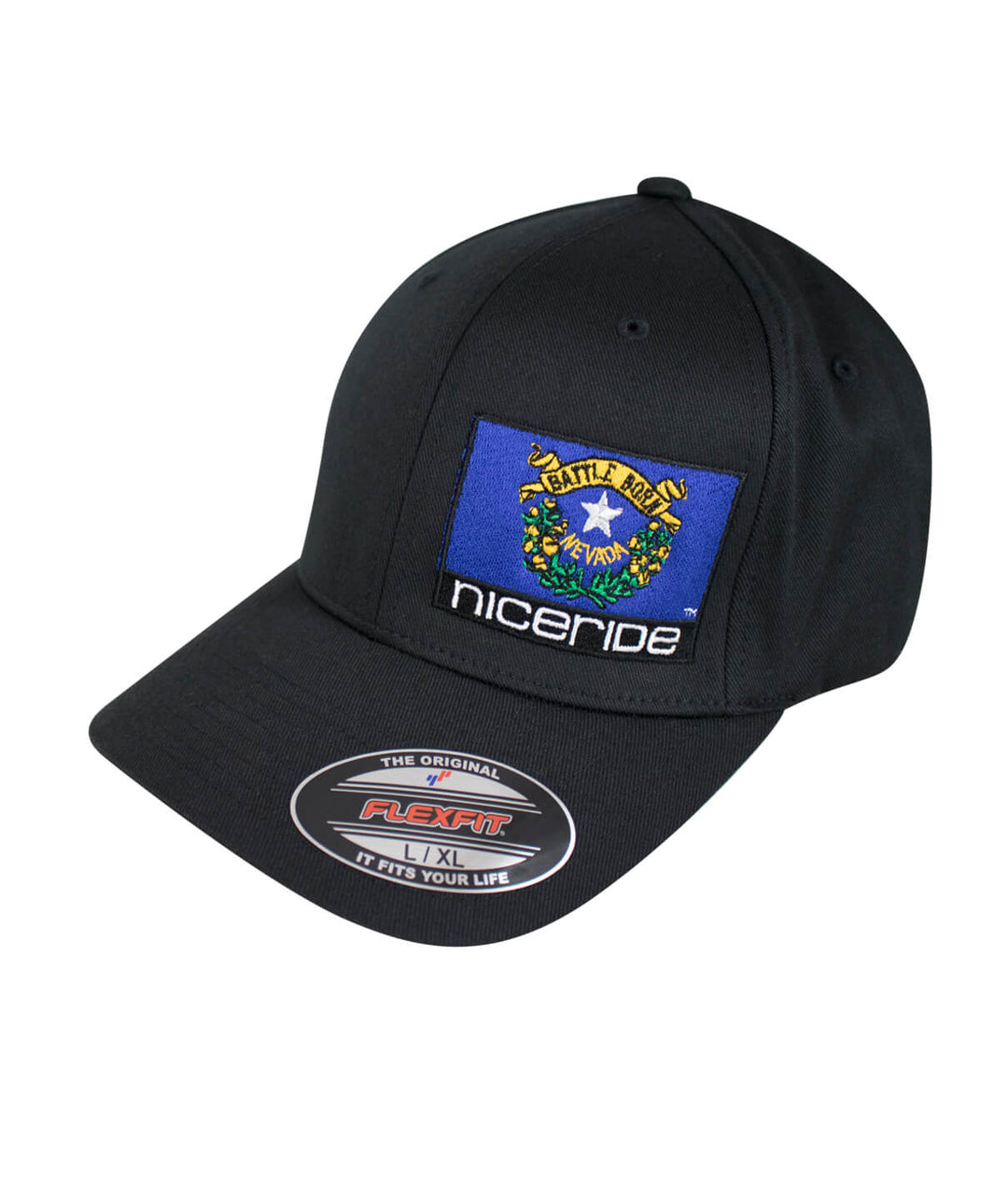 Nevada Flag Classic Flexfit Hat with NICERIDE embroidery and palm logo, designed in the United States.