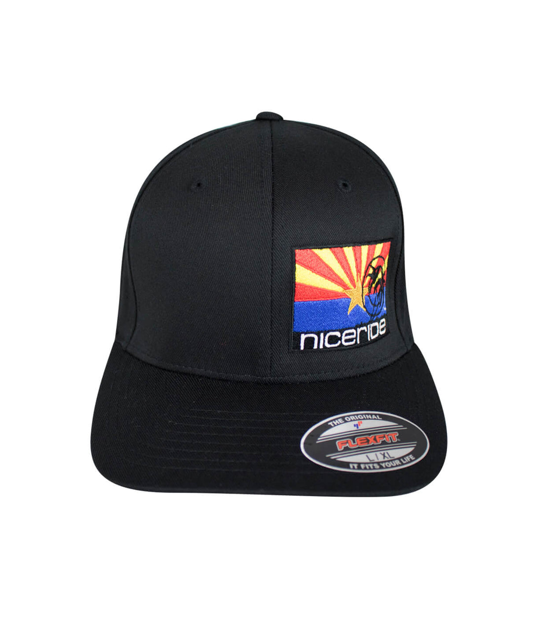 Arizona Flag Classic Flexfit Hat with NICERIDE embroidered logo on the front and palm logo on the back.