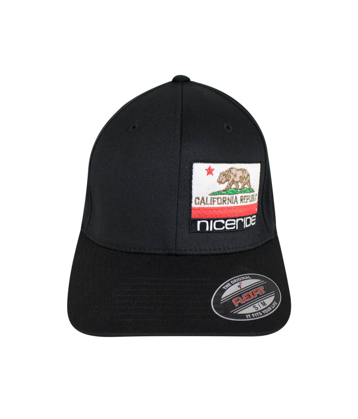 California Flag Classic Flexfit Hat with NICERIDE logo and palm design, designed and embroidered in the USA.