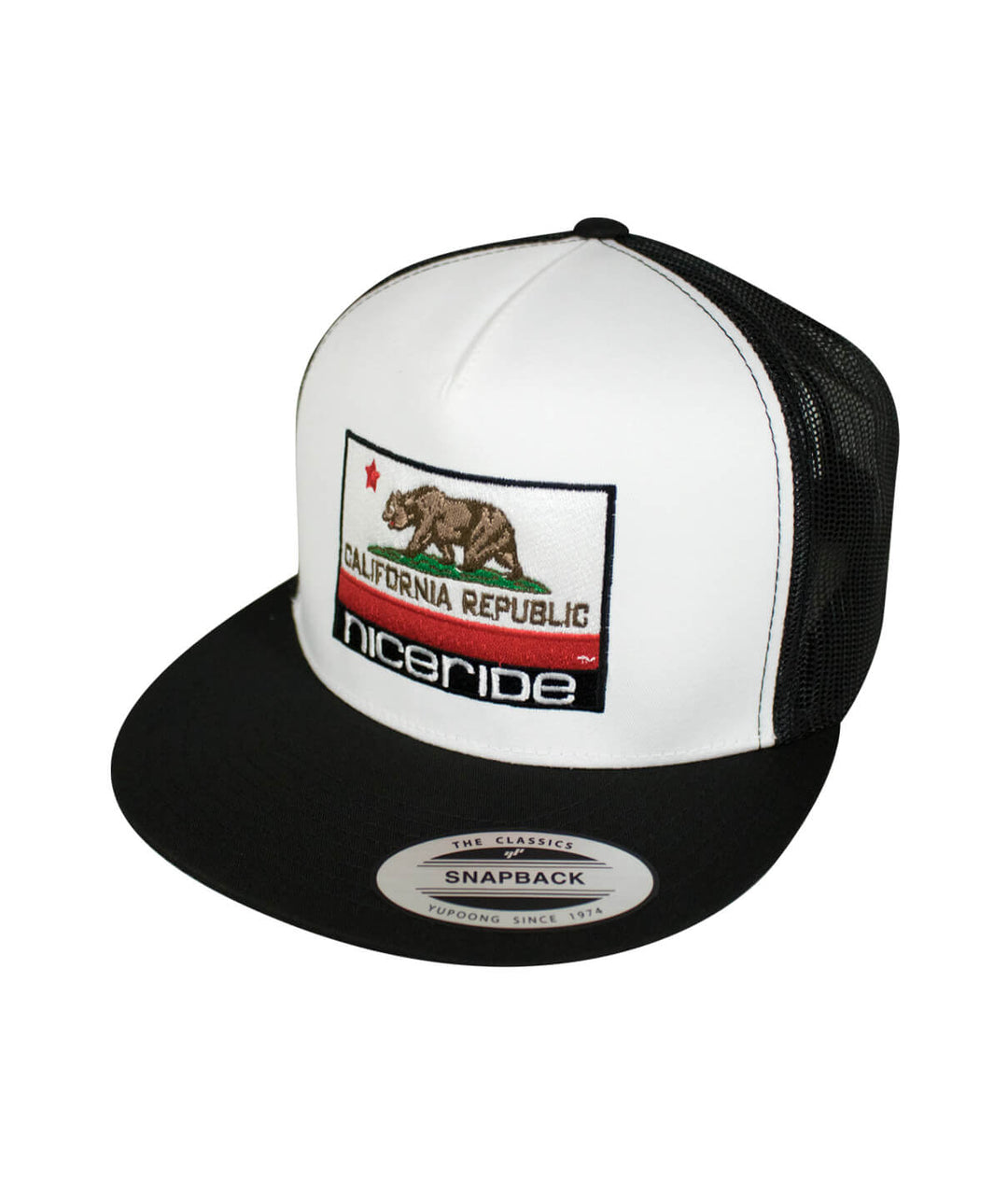 California Flag trucker hat with NICERIDE embroidery and classic palm logo in California colors.