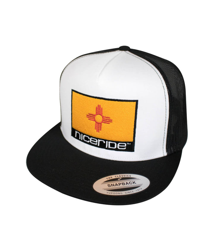 New Mexico Flag trucker hat with NICERIDE logo, classic black and white cap design.