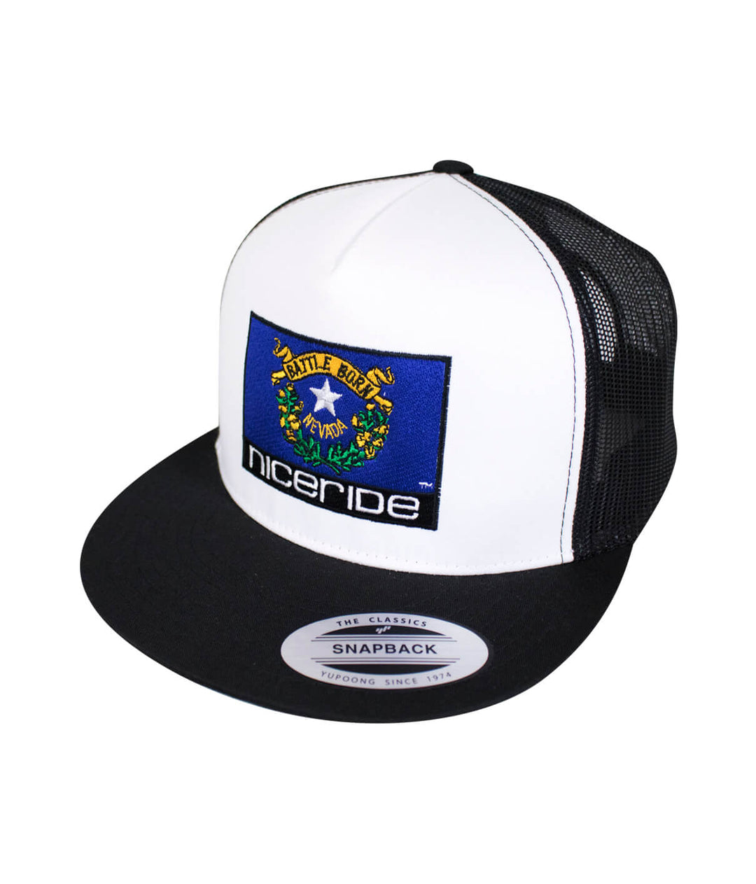 Nevada Flag Trucker Baseball Cap with NICERIDE embroidery and classic palm logo in Nevada flag colors