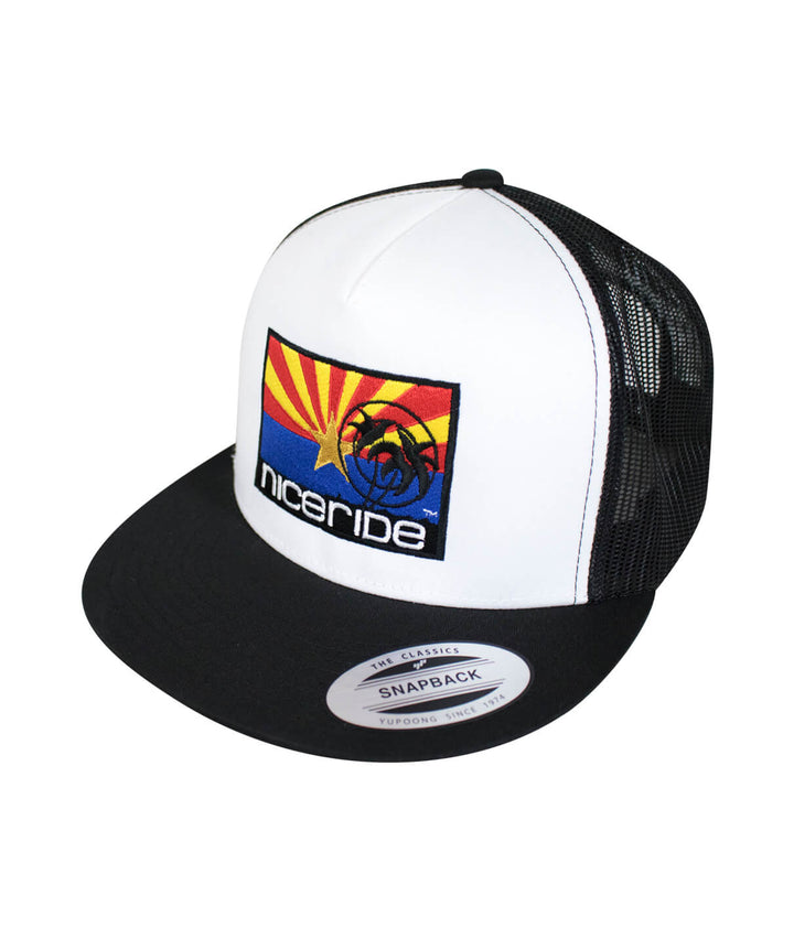 Arizona flag trucker hat with NICERIDE logo, featuring black mesh back and colorful Arizona flag design.