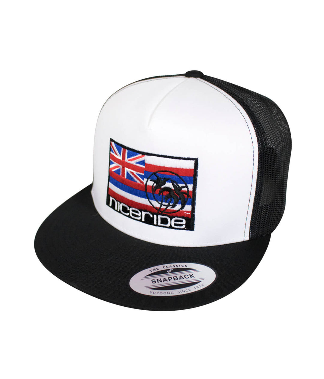 Hawaii flag trucker hat featuring NICERIDE logo and classic palm logo in Hawaii colors.