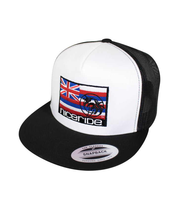 Hawaii flag trucker hat featuring NICERIDE logo and classic palm logo in Hawaii colors.
