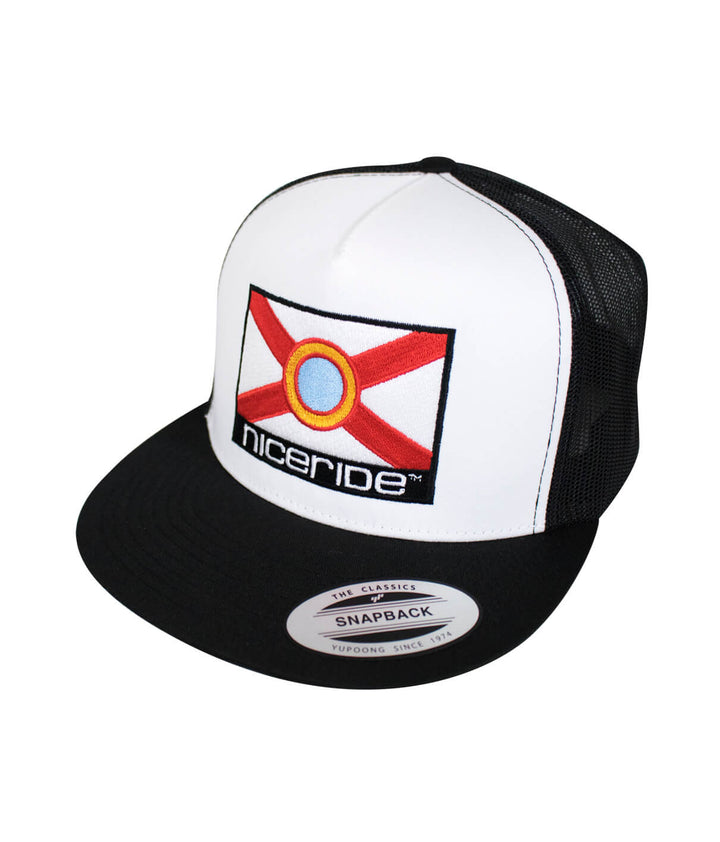 Florida Trucker Hat featuring NICERIDE logo and Florida flag design on the front panel, classic baseball cap style.