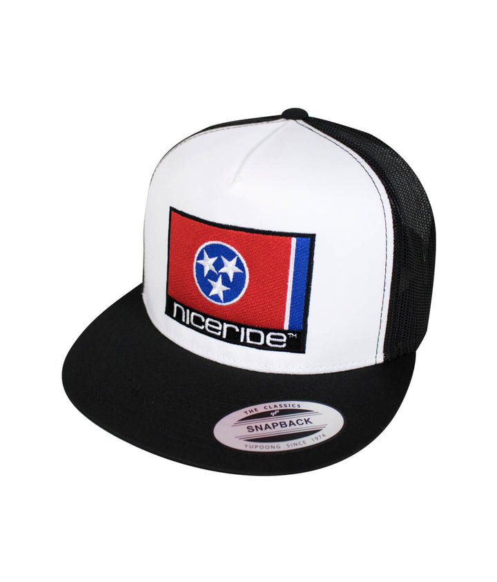 Tennessee Flag trucker hat with NICERIDE embroidery on front and classic palm logo on back side.
