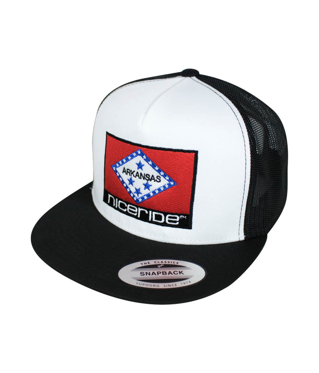 Arkansas Trucker Hat with NICERIDE embroidery and Arkansas flag design, classic baseball cap style.