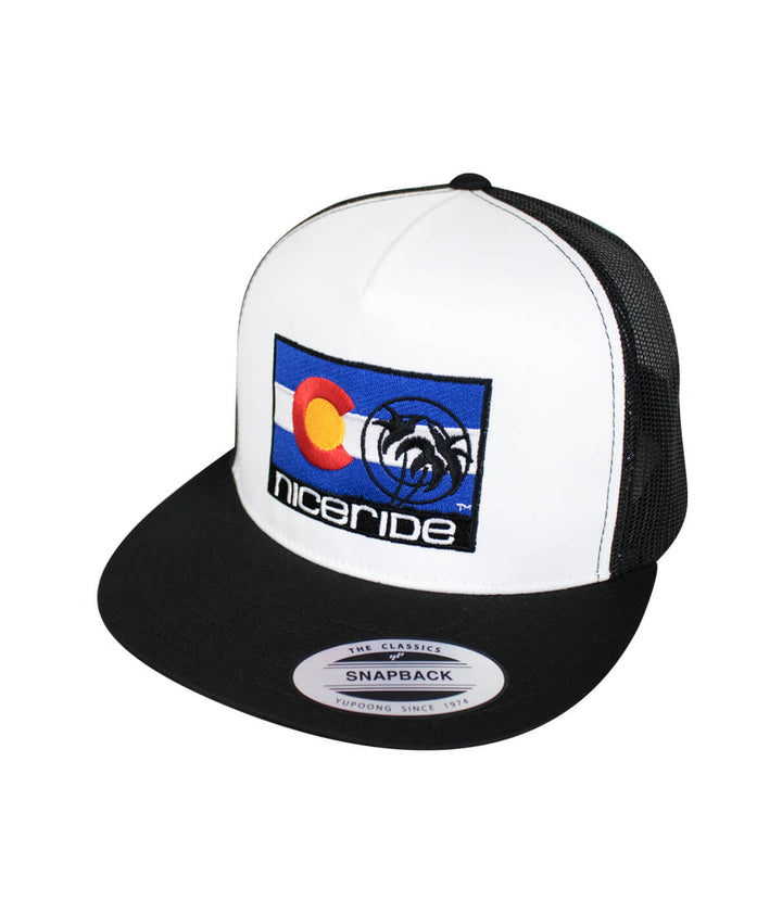 Colorado Flag Trucker Hat with NICERIDE logo embroidered, classic snapback baseball cap.
