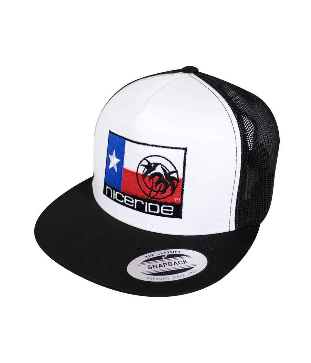 Texas Flag Trucker Hat with NICERIDE logo, featuring classic palm logo in Texas colors, snapback style.
