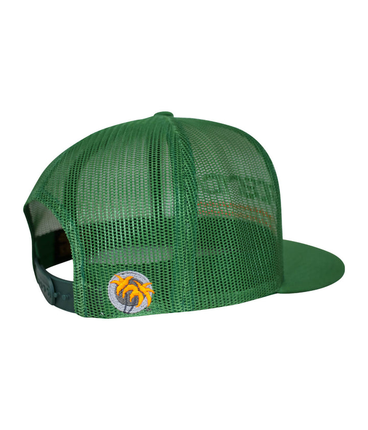 On The Water - Center Trucker Baseball Cap in green with palm logo on back, ideal hat for outdoor adventures.