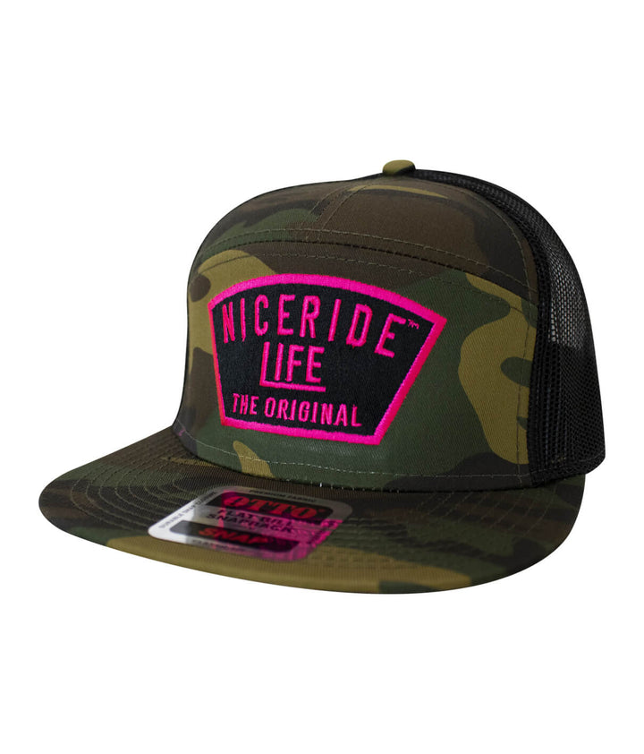 NICERIDE Life original camo unisex trucker hat with pink logo and mesh back.