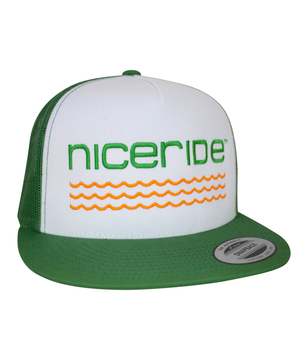 On The Water - Center trucker baseball cap featuring NICERIDE design, a green and white hat with vibrant embroidery.