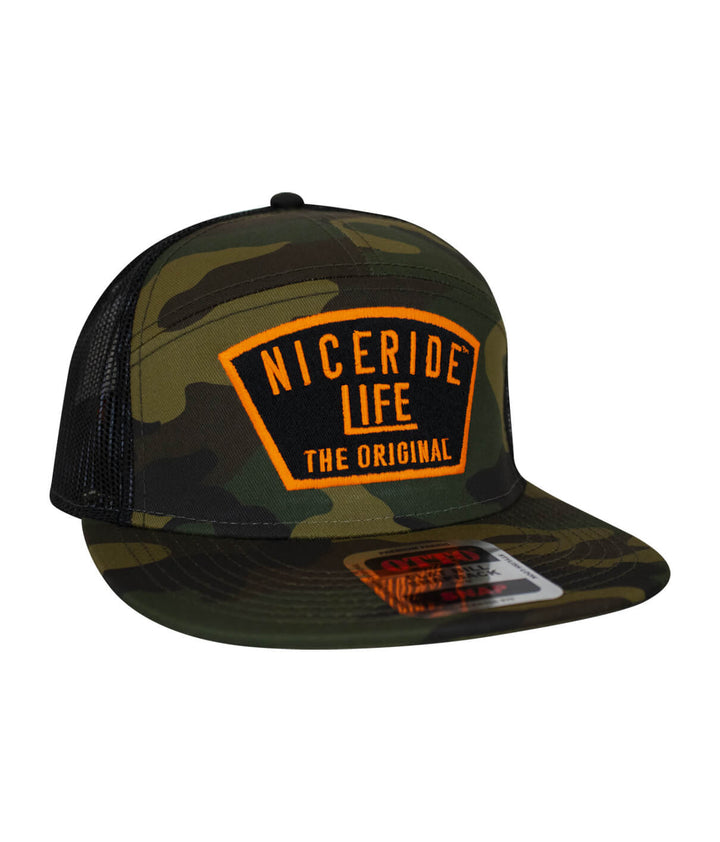 NICERIDE Life camo trucker hat with bold orange logo on front, perfect for year-round style and comfort.