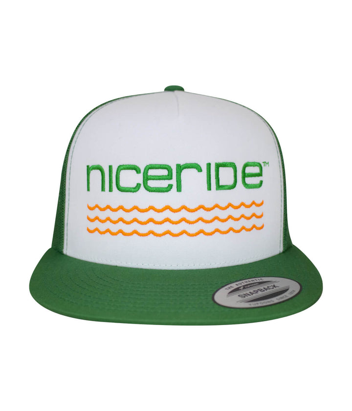 On The Water Center Trucker Baseball Cap, white and green hat with NICERIDE design embroidered on front.