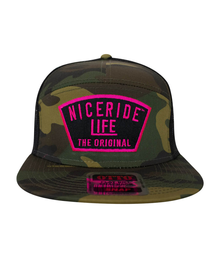 NICERIDE Life camo trucker hat with bold pink logo, stylish unisex design, perfect for year-round wear.