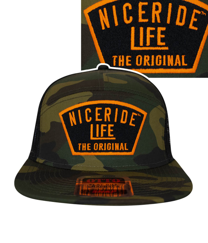 NICERIDE Grinder unisex 7 panel trucker hat in camo with bold orange logo, perfect for stylish comfort and versatility.
