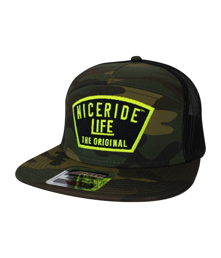 NICERIDE camo 7 panel trucker hat with bright green embroidered logo, perfect for versatile outdoor style.