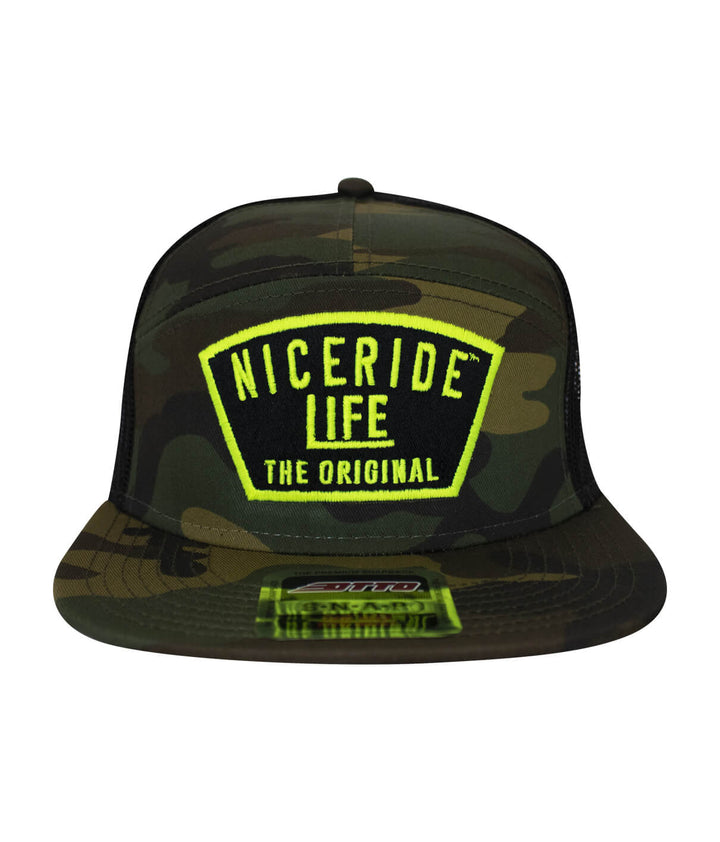 NICERIDE Life camo snapback trucker hat with bright yellow logo, stylish and versatile headwear for outdoor enthusiasts.