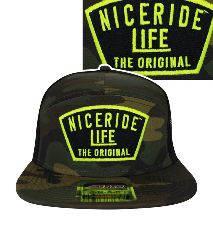 NICERIDE unisex 7 panel trucker hat in camouflage with bold "LIFE THE ORIGINAL" embroidered design.
