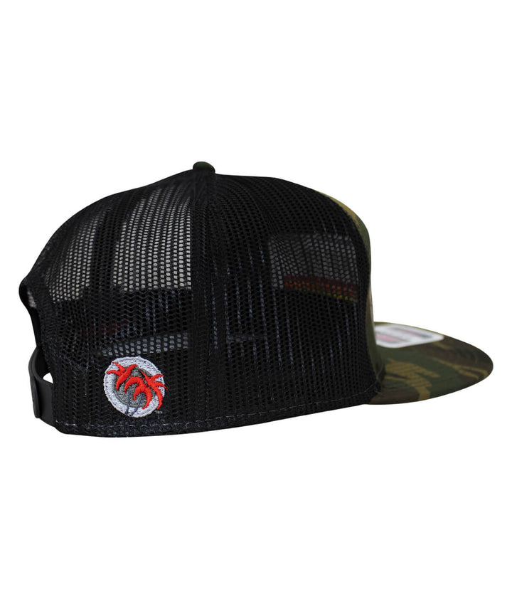 Side view of the NICERIDE "Trigger" unisex 7 panel mesh-back trucker hat featuring embroidered logo.