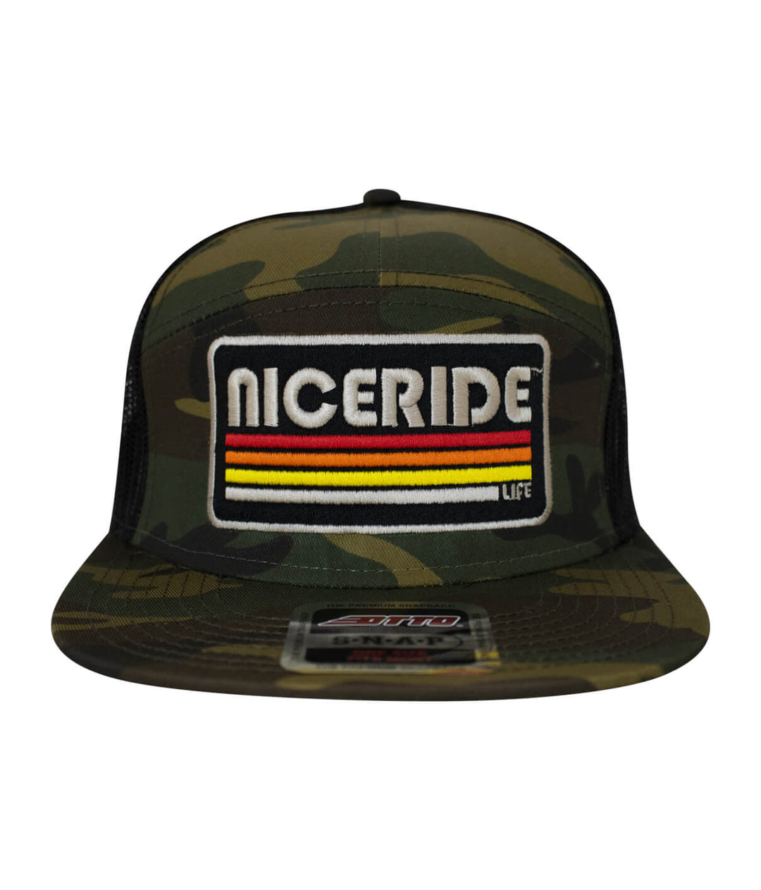 NICERIDE camouflage unisex trucker hat featuring embroidered logo on front and mesh back for breathability.