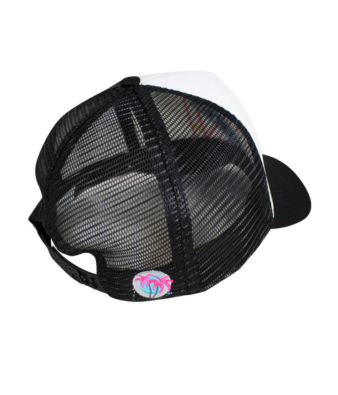 Back view of the Malibu Foam Trucker Hat showcasing the Blacked Out Classic Palm Logo on the mesh panel.