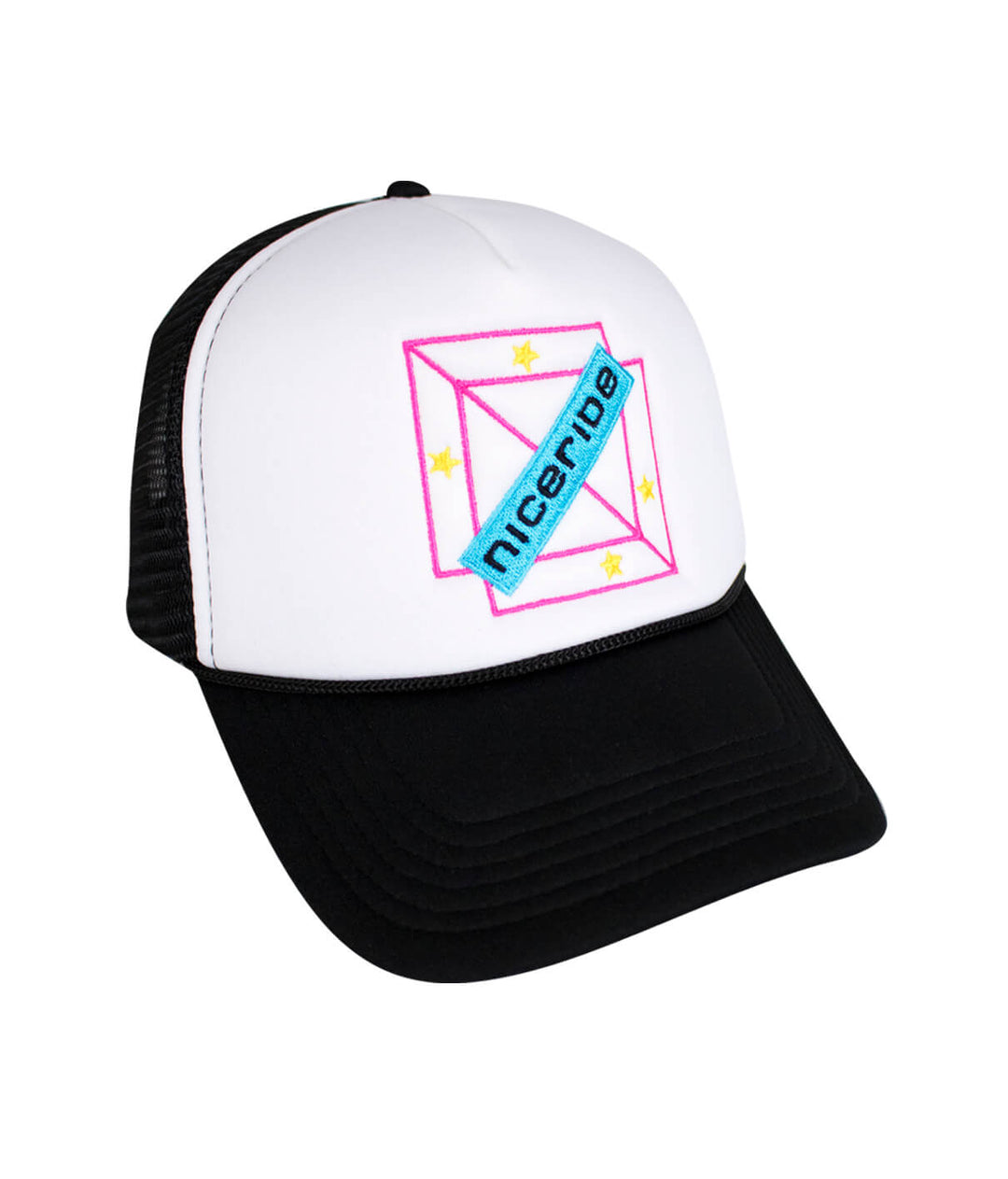 Malibu Foam Trucker Hat featuring NICERIDE logo, black and white design, stylish accessory for outdoor activities.