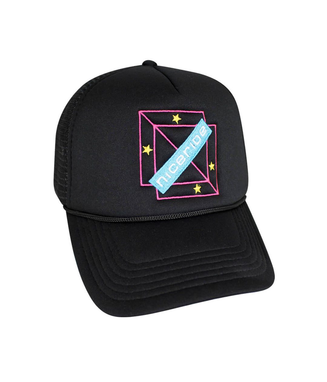 Malibu Foam Trucker Hat with NICERIDE logo in vibrant colors on a black cap, perfect for outdoor activities.