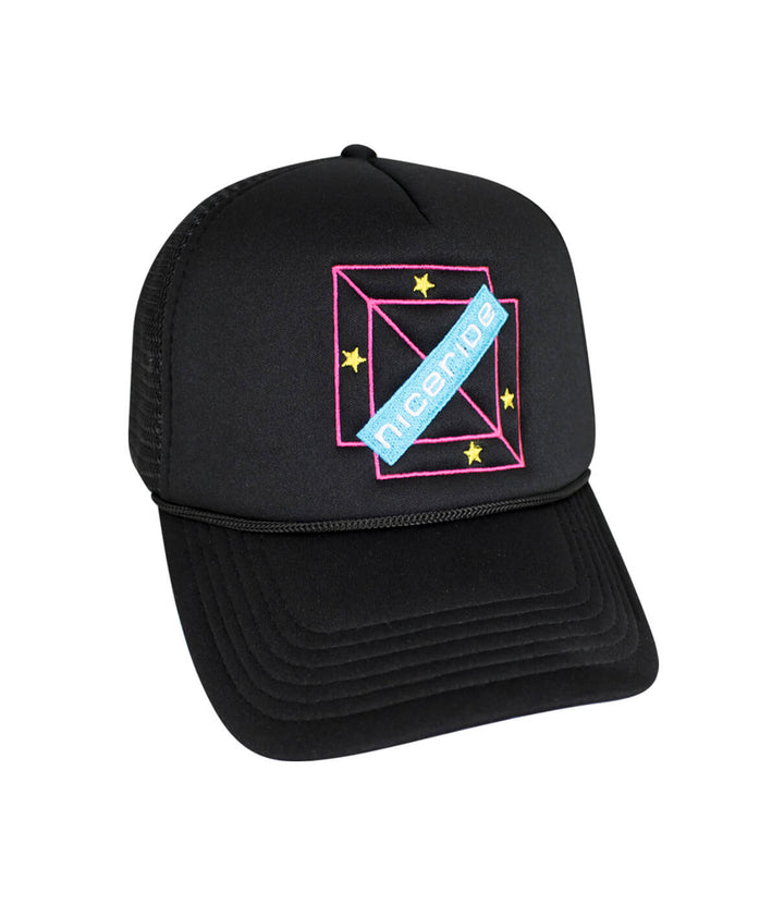 Malibu Foam Trucker Hat with NICERIDE logo in vibrant colors on a black cap, perfect for outdoor activities.