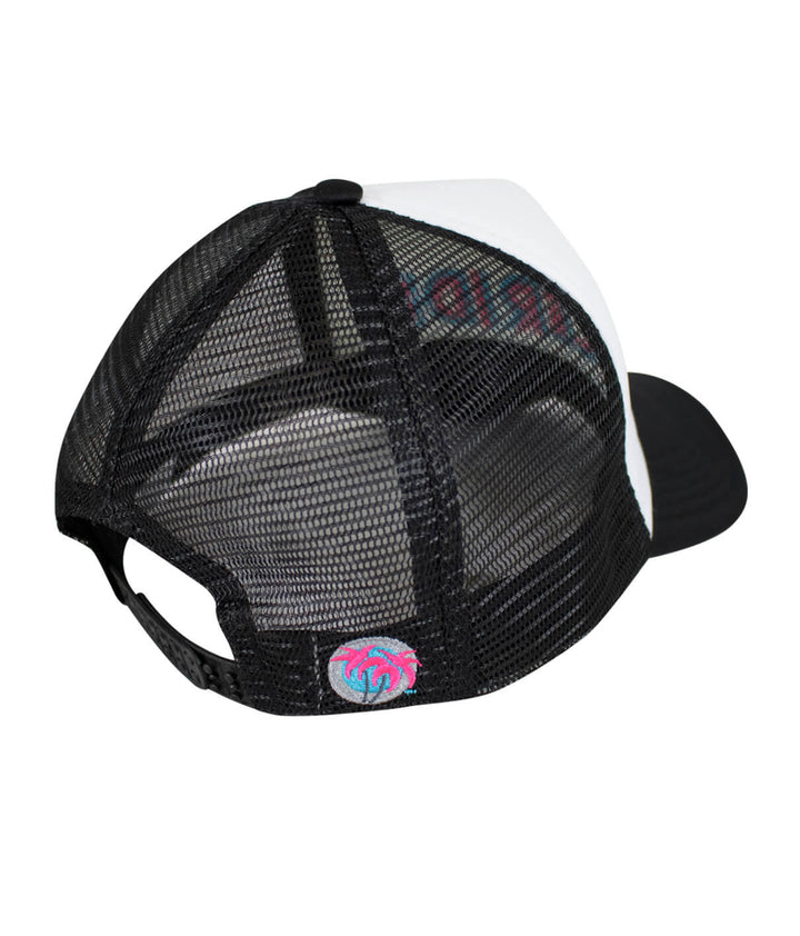Back view of a black and white foam trucker hat featuring NICERIDE classic palm embroidery.