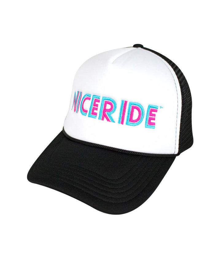 Disco Foam Trucker Hat featuring NICERIDE branding, perfect for casual wear and outdoor activities, ideal hat for stylish comfort.