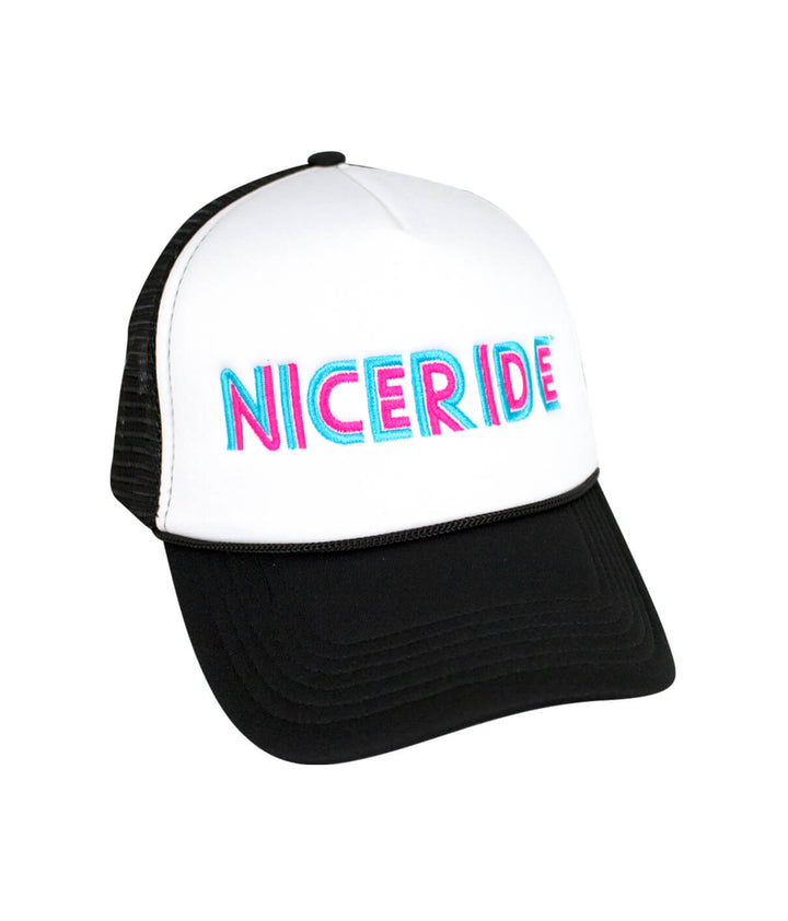 Disco Foam Trucker Hat with NICERIDE logo, stylish black and white hat designed for comfort and style.