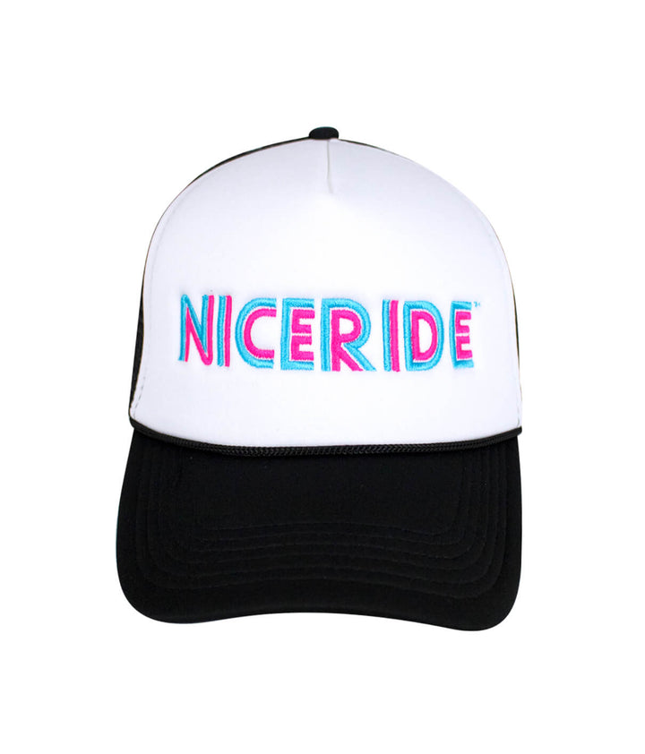 Disco Foam Trucker Hat with NICERIDE embroidered logo on front, designed and made in the USA, stylish baseball cap.