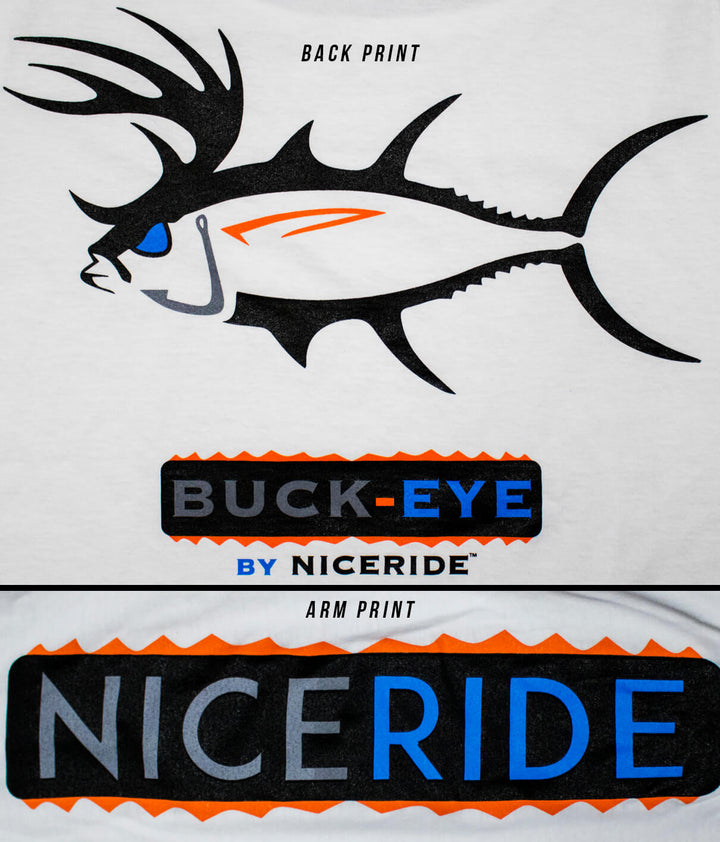Back and arm print of Buck Eye shirt featuring fish design and NICE RIDE logo.