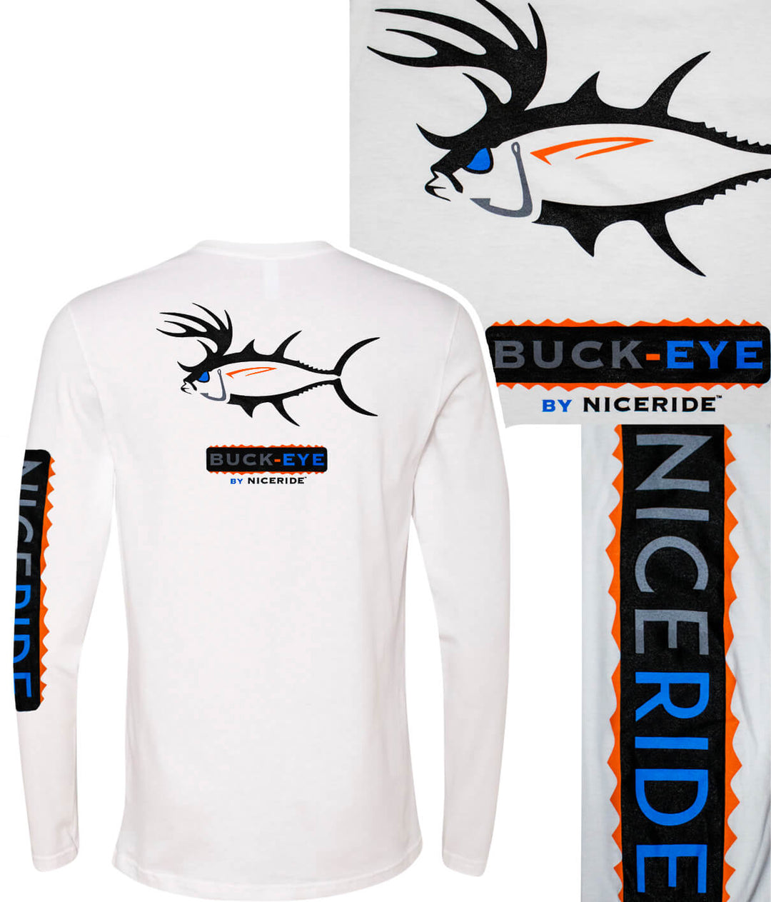 Buck Eye long sleeve mens shirt by NICERIDE featuring a fish design on the back and sleeve, available in black or white.
