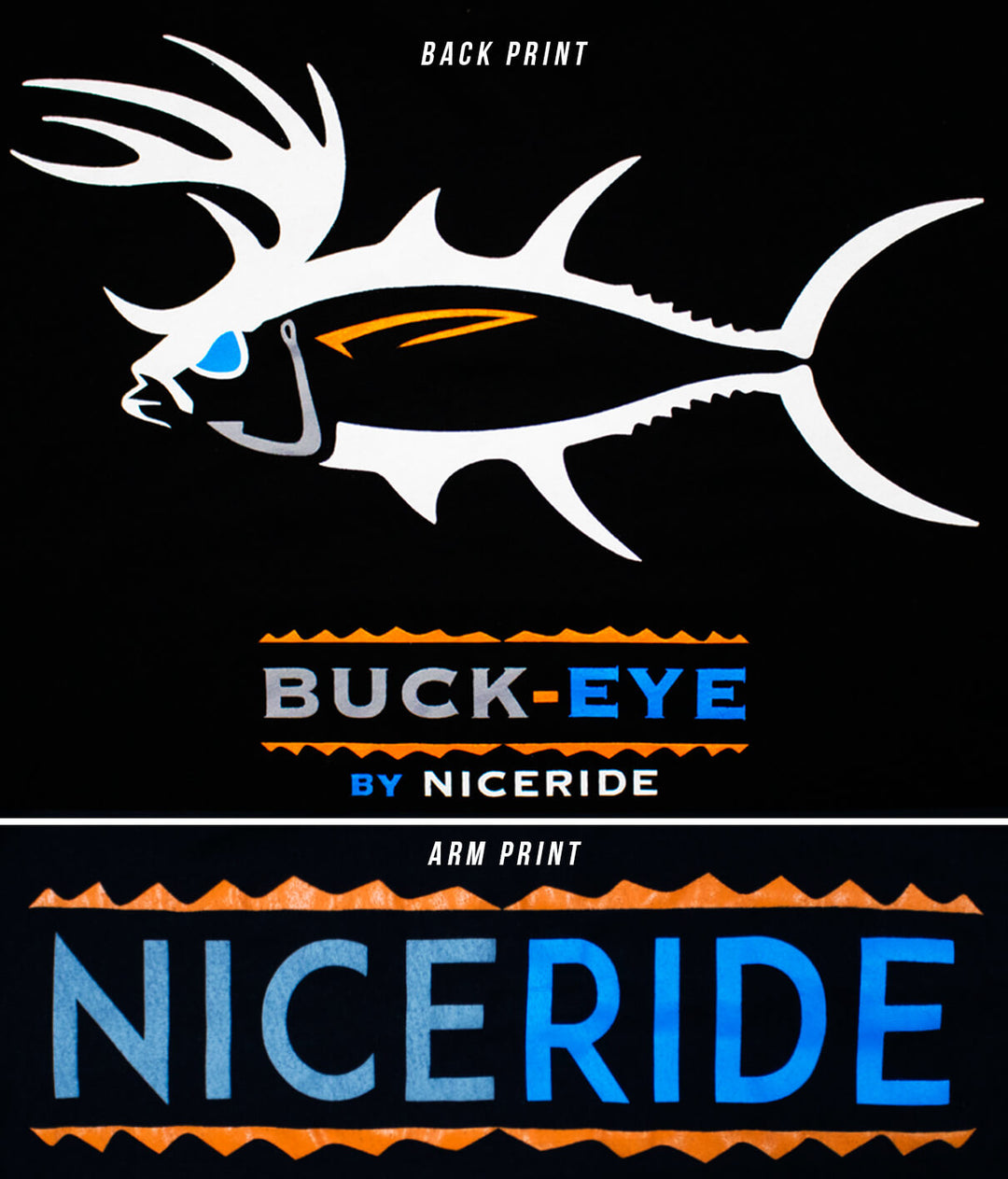 Buck Eye shirt design featuring arm print and back print details by NICERIDE.