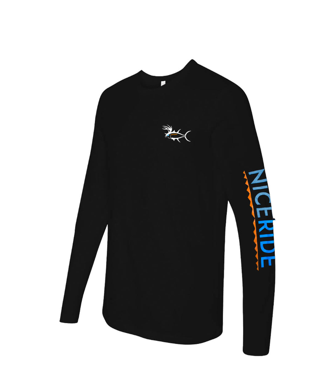 Buck Eye black long sleeve shirt for men featuring NICERIDE logo and design on sleeve.