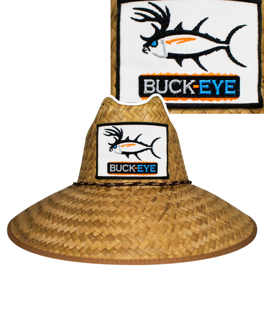 A straw hat with a fish patch on it.
