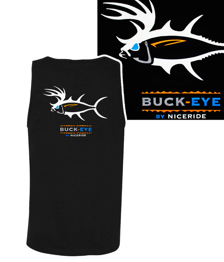 Buck-Eye black tank top showing NICERIDE logo design on back, perfect for casual wear and workouts, 100% cotton fabric.