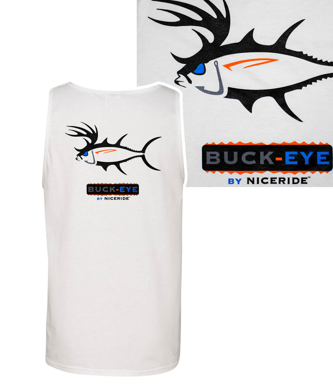 Buck-Eye tank top featuring NICERIDE logo on the back and a fish graphic, perfect for casual or workout wear.