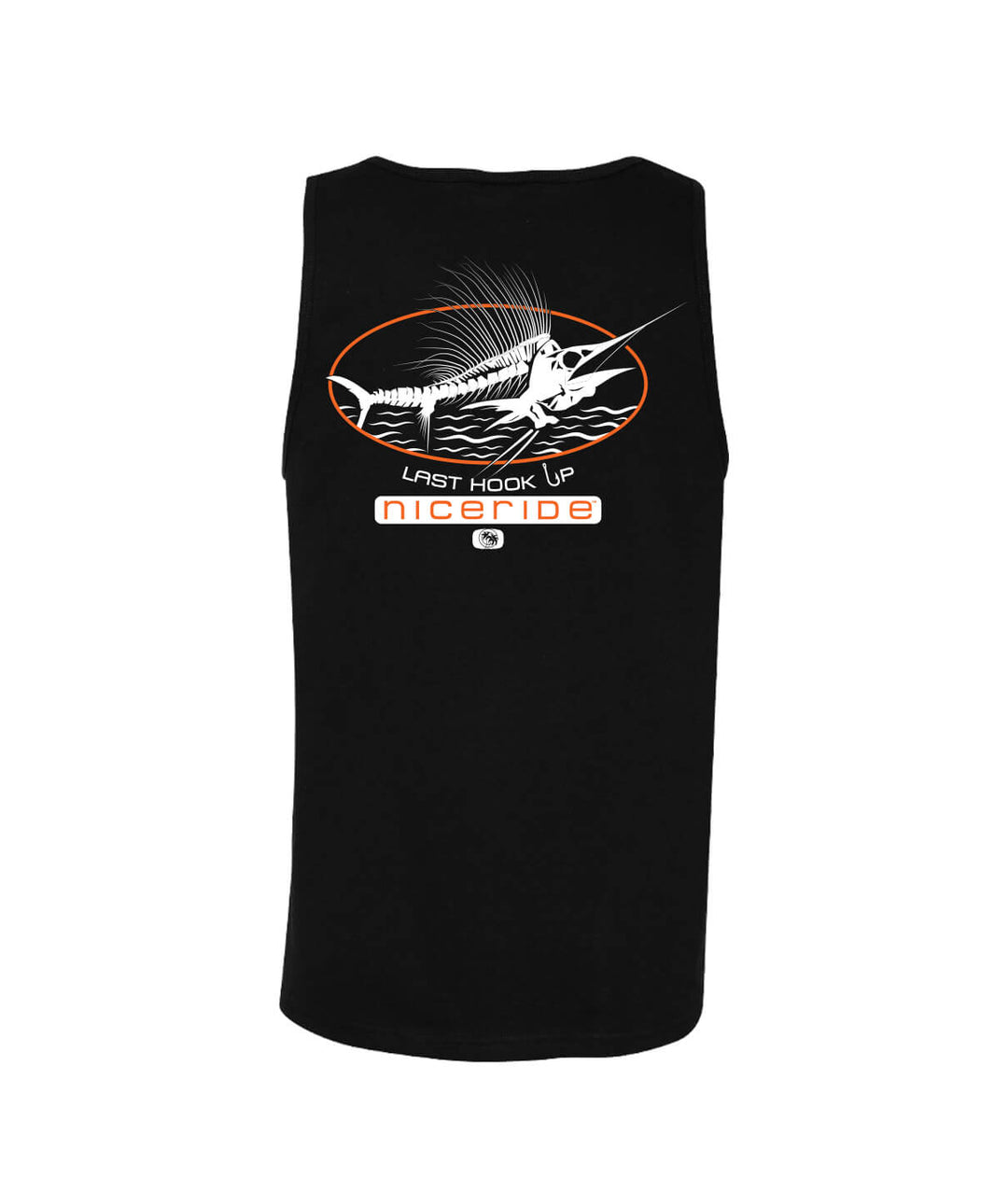 Last Hook Up black tank top by Fruit Of The Loom featuring NICERIDE logo, perfect for fishing enthusiasts.